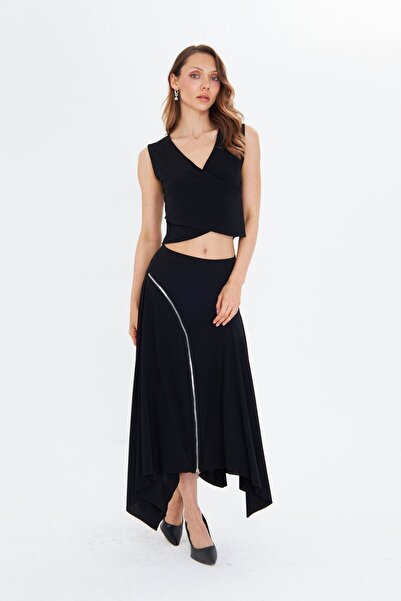 LAMANTE KRUVAZE YAKA SİYAH CROP BLUZ