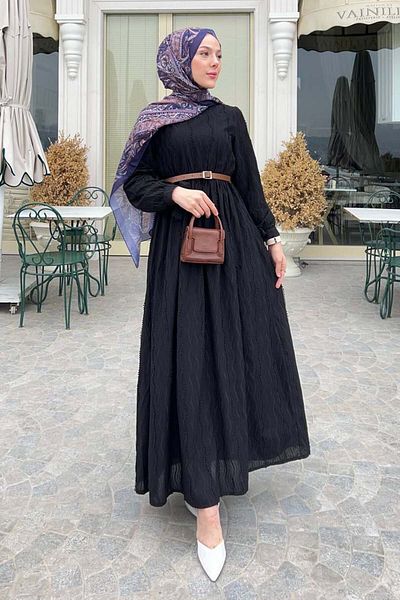 benguen Guipure Detailed Hijab Dress Black 1008-1