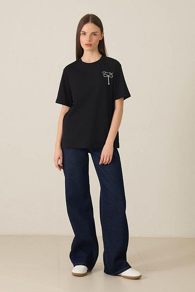 Setre Black 100% Cotton Crew Neck Print Detailed Short Sleeve T-Shirt