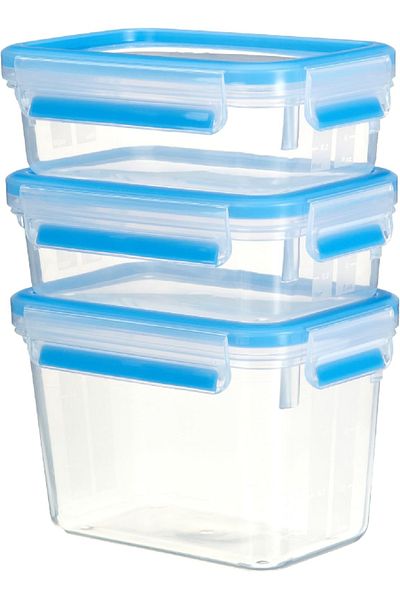 emsa Clip&Close 3-Piece Set – 2x 0.55L & 1x 1.1L Food Containers, Clear with Blue Lids