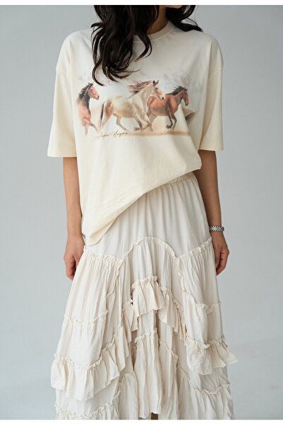 FEMMESTUDIO Γυναικείο μπλουζάκι Ecru Crew Neck Animal Figured