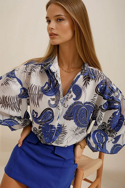 VAGGON Cămașă țesătă din in, cu modele etnice, prințesă Saks Vgn-x10397