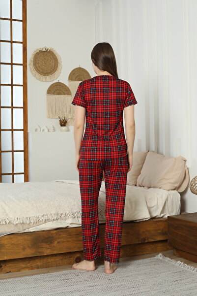 LİLA İÇ GİYİM Kadın Pegasus Ekose Desenli Kırmızı Pijama Takımı