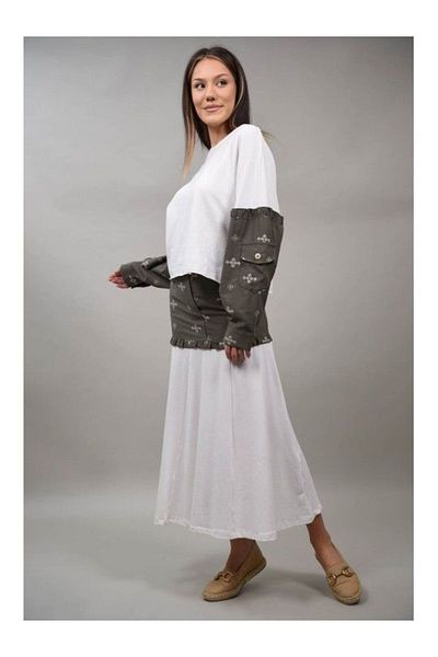 Y TWO WOMEN CROP BLOUSE WITH EMBROIDERY COMBINED QUAINTARA ONE-WAIST KHAKI