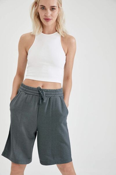 OXVİN 2' li Comfort Label Bağcıklı Oversize Uzun Kadın Bermuda Şort (Lacivert - Füme)