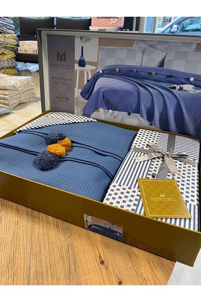 Sudemhome Double Pompom Cotton Boxed Pique Set Indigo