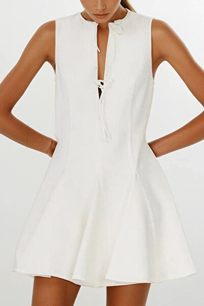 VAGGON Women Ecru Flared Skirt Lacing Detail Sleeveless Zipper Woven Dress Vs00147