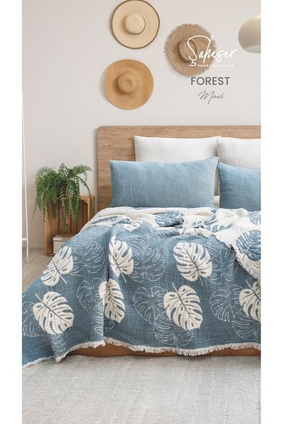 KÜBRAHOME'S Masterpiece Forest Bedspread Set 100% Cotton Blue