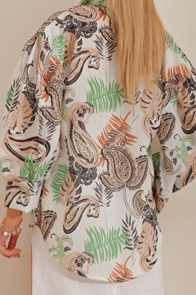 VAGGON Women's Beige Princess Ethnic Patterned Flared Linen Woven Shirt Vgn-X10397