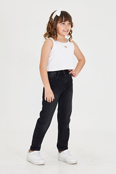 Lexsina Kız Çocuk Boyfriend Rahat Kalıp Siyah Jean Pantolon Beli Ayarlanabilir Lastikli Düğmeli