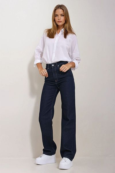 VAGGON Pantaloni palazzo cu talie înaltă, albastru bleumarin închis, cu 5 buzunare, cu picioare largi Prmx11470