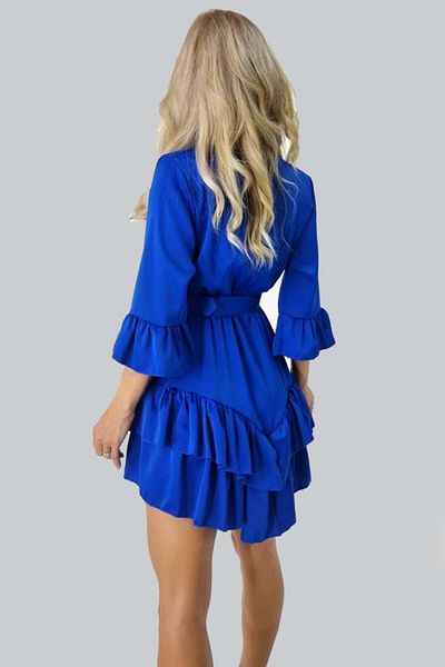 FashionForYou Rochie Lanvin, cu volane, mâneci trei sferturi și curea inclusă, Albastră, Mărime S/M, Mărime universală S/M
