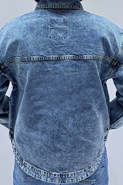 VAGGON Jachetă de jeans oversize cu buzunar dublu albastru pentru femei Vs00145