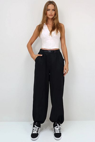 VAGGON Women's Black Double Pocket Elastic Leg Belt Detailed Summer Jogger Pants Prmx13627