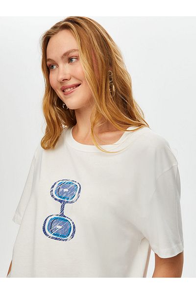 Faik Sönmez Tricou de damă din bumbac cu gât rotund imprimat cu mărgele Evil Eye
