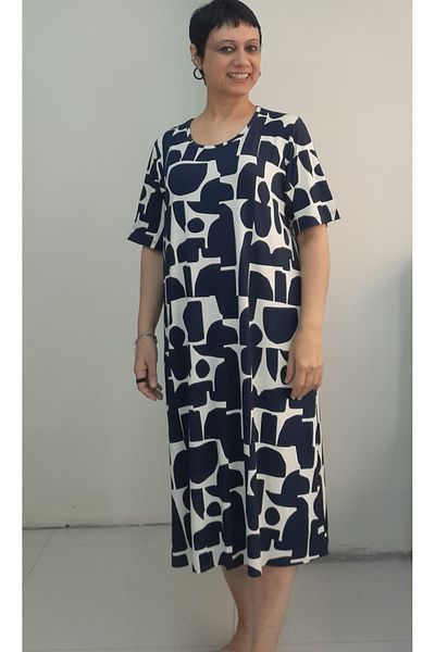 Mertcan Butik Dark Blue Print Short Sleeve Combed Cotton Viscose Dress
