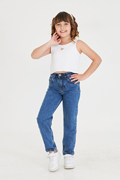 Lexsina Kız Çocuk Boyfriend Jean Rahat Kesim Pantolon Beli Ayarlanabilir Lastikli Düğmeli Lx307