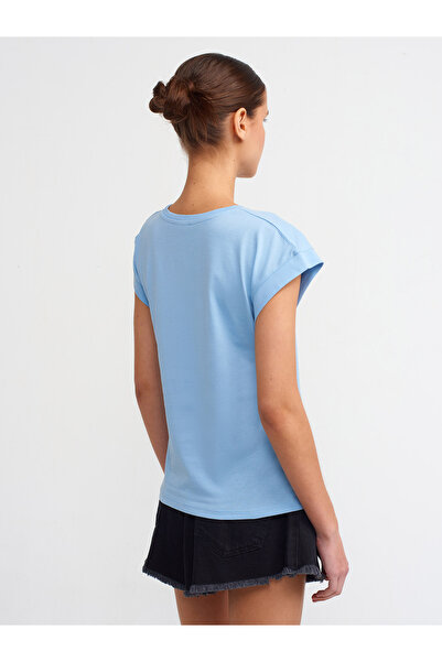 Dilvin 3504 100% βαμβακερό μπλουζάκι με λαιμόκοψη από χτενισμένο βαμβάκι-Μπλε