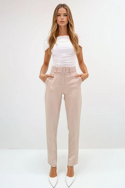 VAGGON Pantaloni de damă, bej, cu buzunar dublu, cu talie plisată, cu curea, cu croiala dreaptă Vgn-x8177