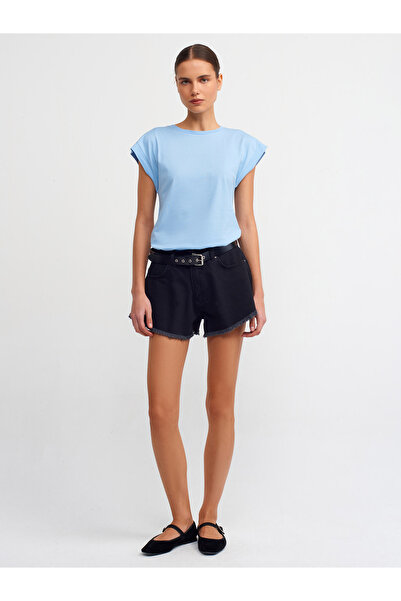 Dilvin 3504 100% βαμβακερό μπλουζάκι με λαιμόκοψη από χτενισμένο βαμβάκι-Μπλε