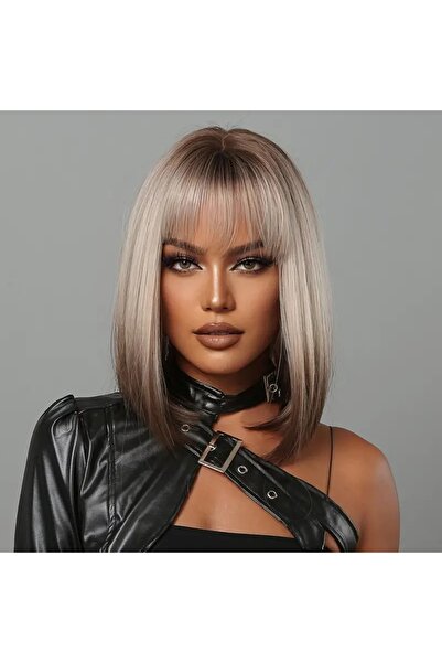 animis beauty Peruca medie Ombre Maro Saten, fibra sintetica cu aspect natural, par mediu drept, cu breton, 40 cm