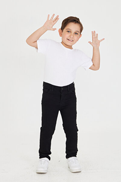 Lexsina Erkek Çocuk Siyah Jean Slim Fit Rahat Kalıp Pantolon Beli Ayarlanabilir Lastikli Düğmeli Lx319