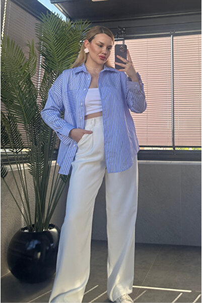 MİR STORE Açık Mavi Tek Cepli Çizgili Oversize Modal Gömlek