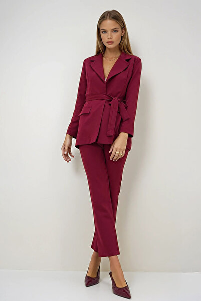 VAGGON Women's Burgundy Lined Blazer Jacket and Pants Set Prmx12900
