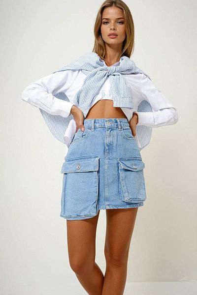 VAGGON Women's Blue Cargo Pocket Jean Skirt Prmx12788
