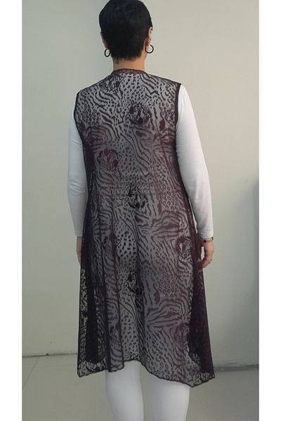 Mertcan Butik Plum Asymmetrical Cut Print Loose Lace Vest