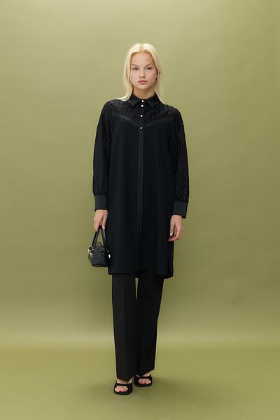 Nihan Large Size Satin Garnished Button Detailed Tunic Black