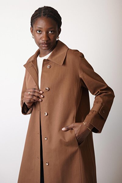 NK Nihal Koç Önden Duğmeli Polo Yaka Trençkot Tarçın