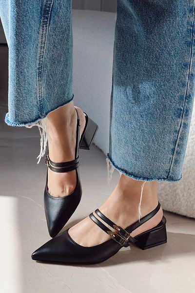 POLKA STORE Viva Double Banded Gold Metal Big Buckle Detailed Open Back Pointed Toe Short Heeled Shoes
