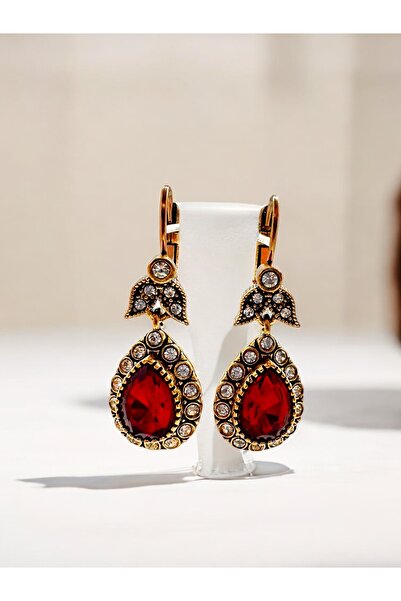 FUYA JEWELLERY Yakut (KIRMIZI) Kristal Damla Taşlı Küpe