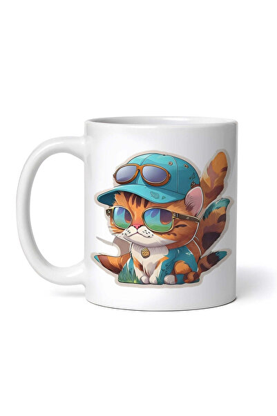 OEM Cană albă personalizată, Pisicuță cu ochelari și șapcă, INOVATIX®. 330ml
