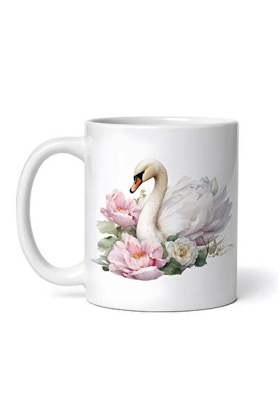 OEM Cană albă personalizată, Lebădă albă cu flori roz și albe, INOVATIX®. 330 ml