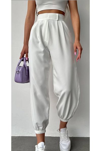 LEYLA SAĞLAM Women's Velvet Belt Elastic Leg Zippered Double Pleated Side Pocket Balloon Pants