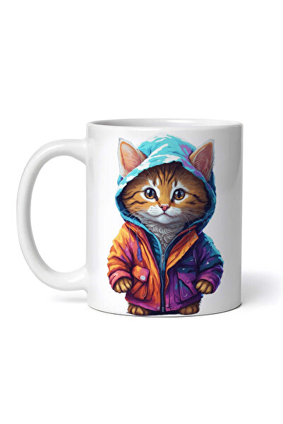 OEM Εξατομικευμένη λευκή κούπα, Γατάκι με μπουφάν με κουκούλα , INOVATIX®. 330ml