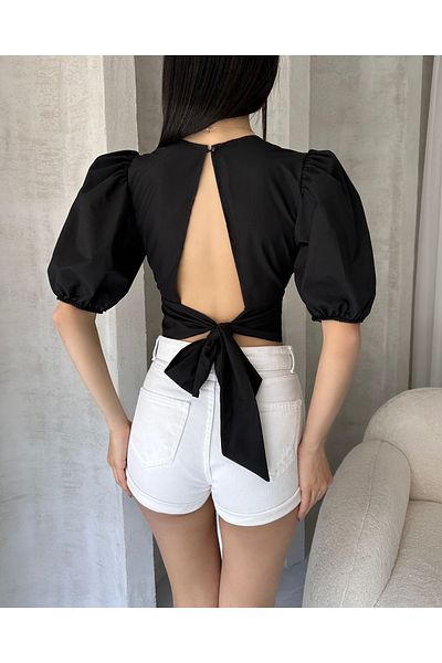 Fav Style Women's Crew Neck Short Sleeve Back Cutout Crop Poplin Blouse Black