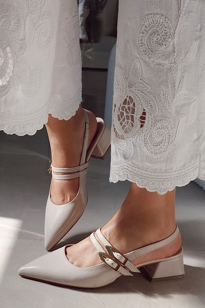 POLKA STORE Viva Double Banded Gold Metal Big Buckle Detailed Open Back Pointed Toe Short Heeled Shoes