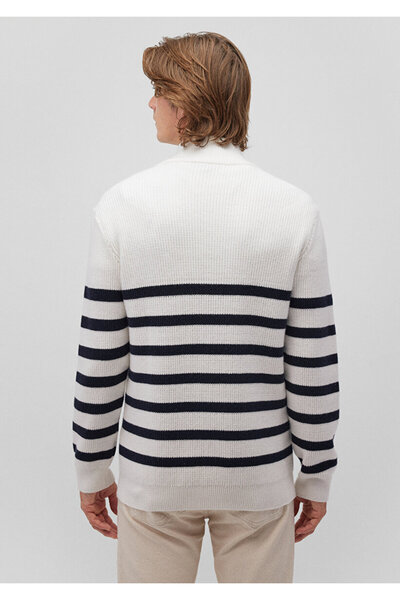 Mavi Çizgili Fermuarlı Kırık Beyaz Erkek Kazak M0710131-70057