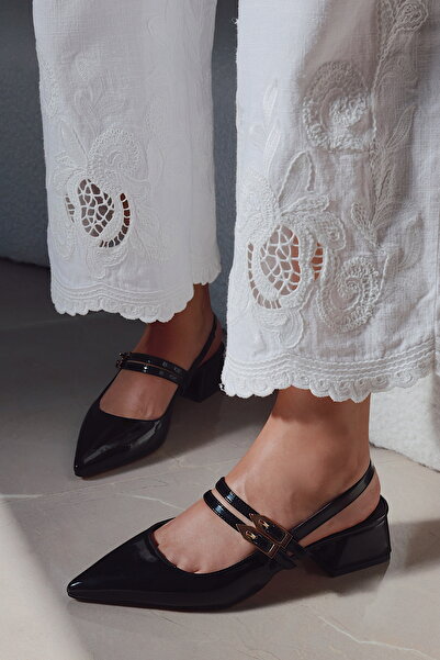 POLKA STORE Viva Double Banded Gold Metal Big Buckle Detailed Open Back Pointed Toe Short Heeled Shoes