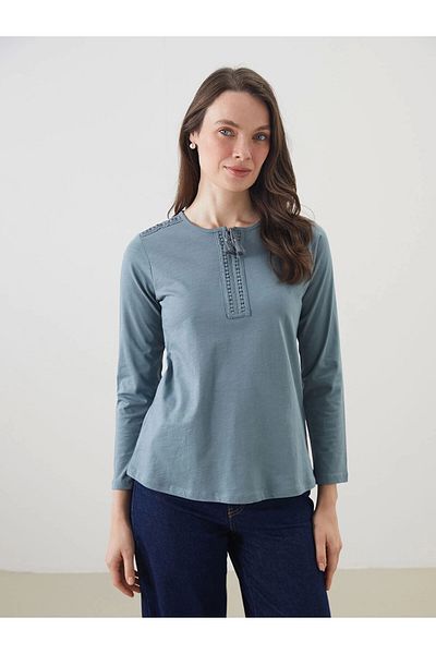 LC Waikiki Lcw Grace Blue Lace-Up Collar Embroidered Women's Blouse