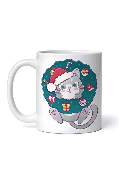 OEM Cană albă personalizată, Pisicuță cu coroniță de Crăciun, INOVATIX®. 330ml