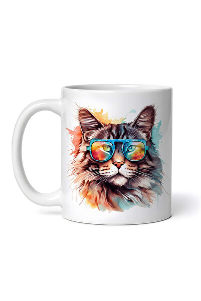 OEM Cană albă personalizată, Pisică sălbatică cu ochelari, INOVATIX®. 330ml