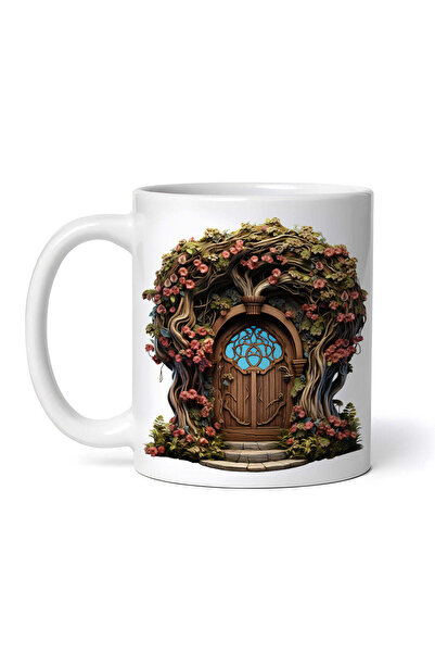 OEM Cană albă personalizată, Poartă de lemn cu flori roșii, INOVATIX®. 330ml