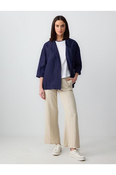 Jimmy Key Navy Blue 100% Linen Straight Cut Long Sleeve Jacket
