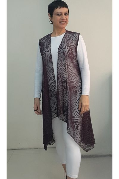 Mertcan Butik Plum Asymmetrical Cut Print Loose Lace Vest