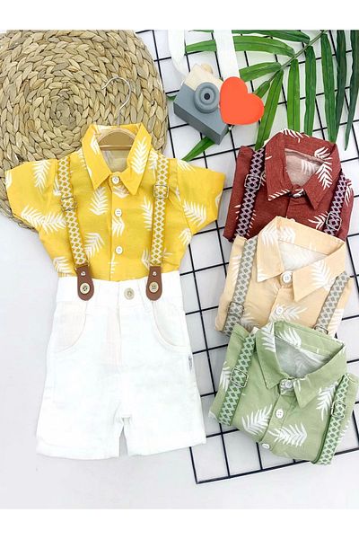 Ecenaz 9-12-18-24 Months Cotton Linen Fabric Hawaiian Shirt Rubber Straps 2 Piece Baby Boy Set Beige