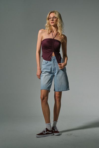 Maule Metallic 100% Cotton High Waist Gabardine None Denim 5 Pocket Women's Bermuda Shorts @Udine